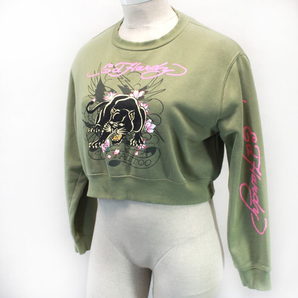 Vintage Ed Hardy Y2K Tattoo Tiger Print cropped fleece sweatshirt top XL Rare